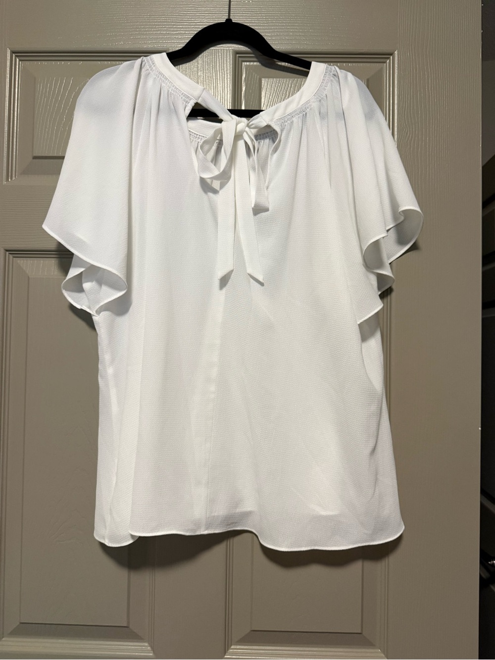 Cato White Tie-Neck Flutter Sleeve Blouse